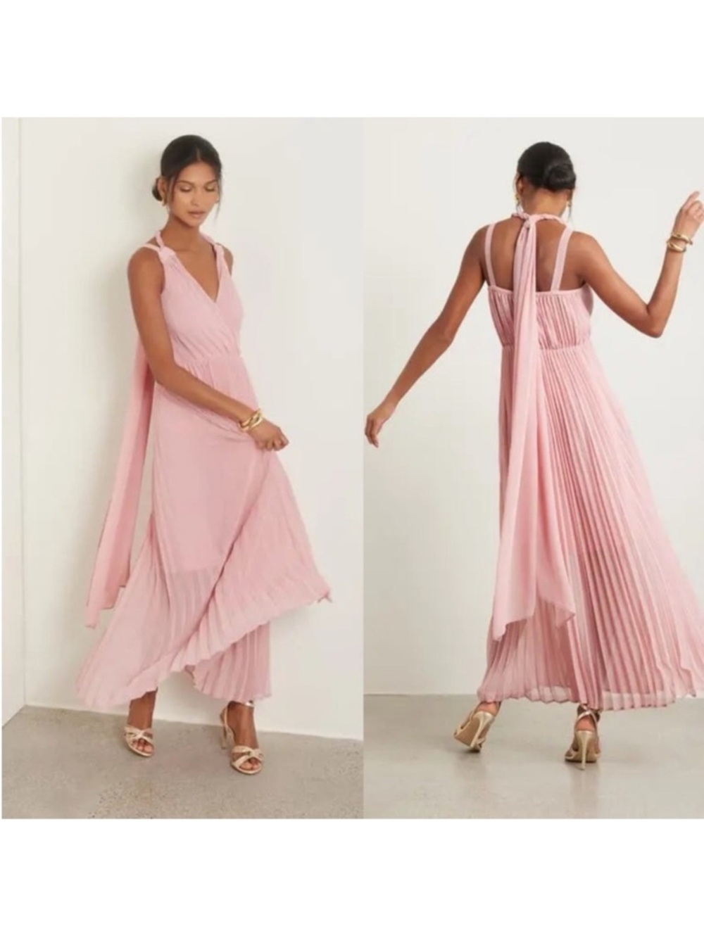 Elegant Pink Pleated Maxi Dress with Tie-Strap Detail Chelsea28